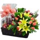 Elegant Flower and Seasonal Fruits Hamper with Pink Roses and Lilies