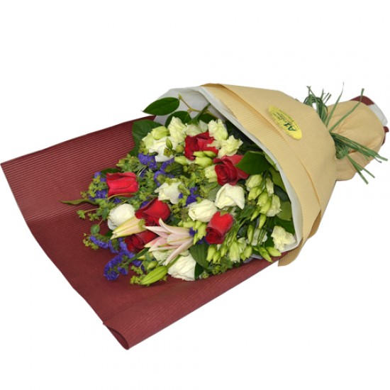 Elegance in Harmony Red Lily with 6 Red Roses & 6 White Roses Bouquet