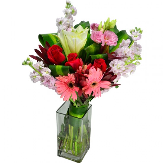 Graceful Gerberas, Roses and Lily Square Vase Arrangement