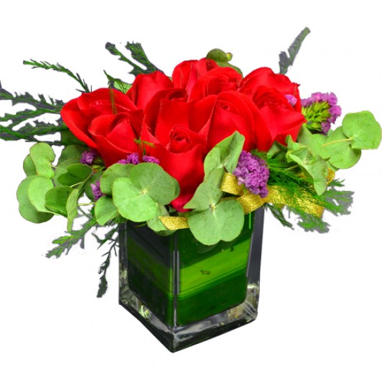 One Dozen Roses in a Square Vase